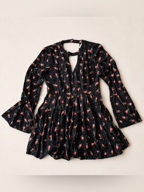 Free People Women’s Tegan Black Floral V-Neck Mini Dress Sz 0 Boho